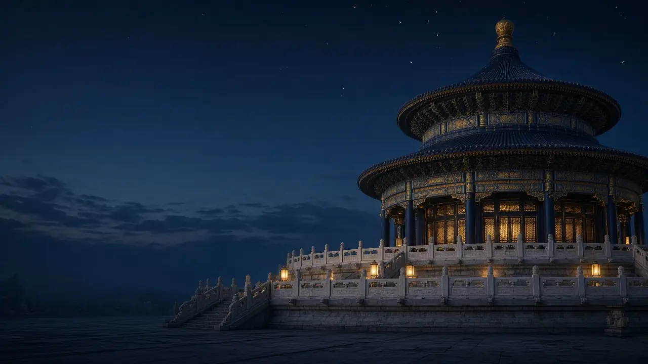 A round temple hall lit by lanterns under a night sky