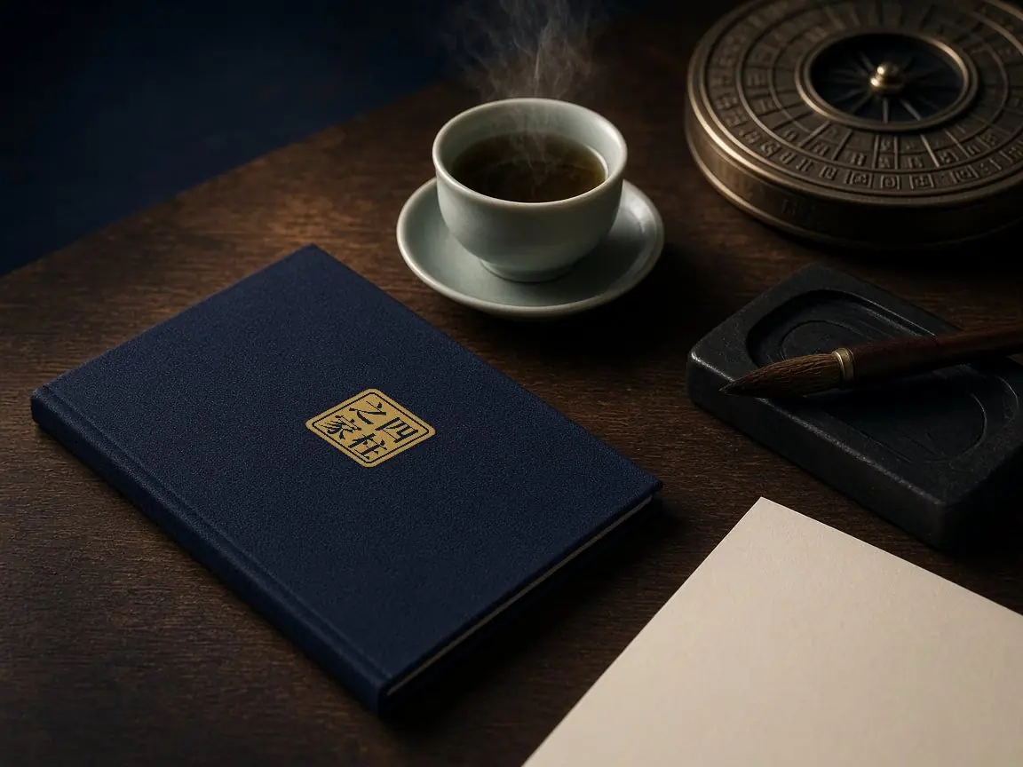 A navy report cover with the gold House of Four Pillars seal, beside a cup of tea and a luopan